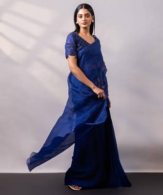 Sapphire blue embroidered organza drape saree set 5