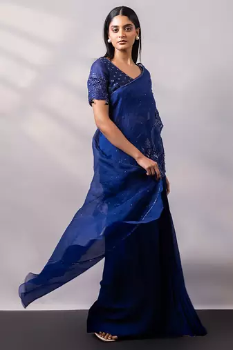 Sapphire blue embroidered organza drape saree set