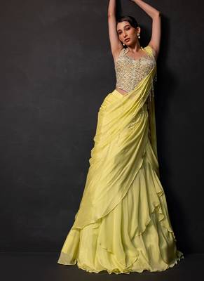 Lime green georgette chinon drape saree set 1