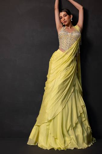 Lime green georgette chinon drape saree set