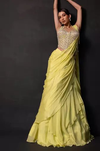 Lime green georgette chinon drape saree set