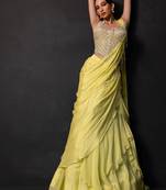 Lime green georgette chinon drape saree set