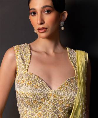 Lime green georgette chinon drape saree set 2