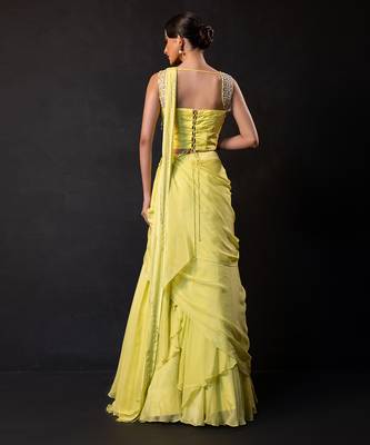 Lime green georgette chinon drape saree set 3
