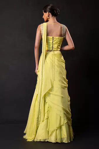 Lime green georgette chinon drape saree set