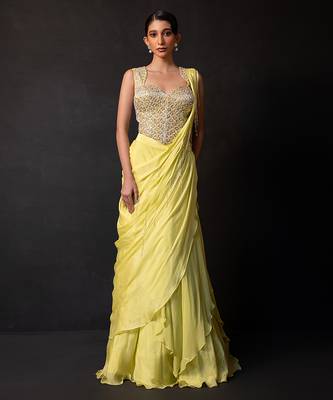 Lime green georgette chinon drape saree set 4