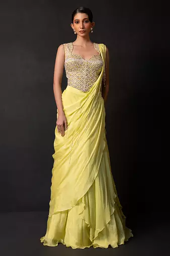 Lime green georgette chinon drape saree set