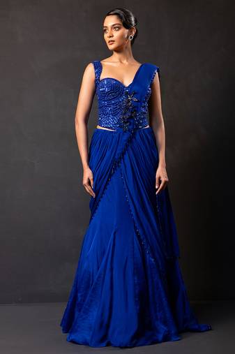 Deep sapphire blue embroidered georgette drape saree set