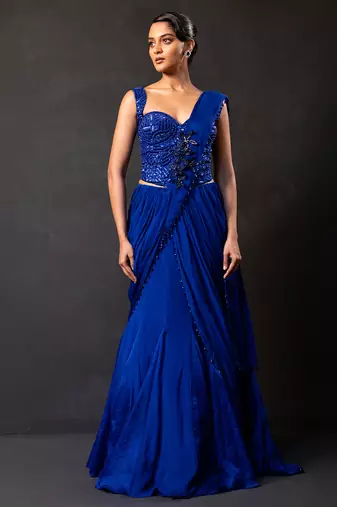 Deep sapphire blue embroidered georgette drape saree set