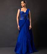 Deep sapphire blue embroidered georgette drape saree set