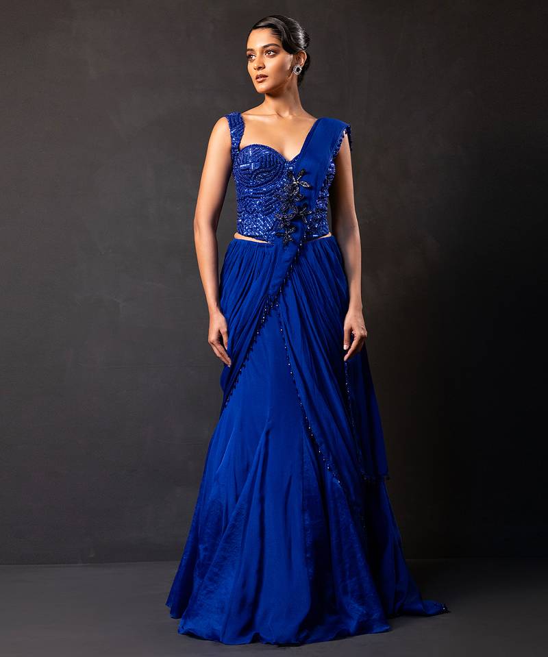 Deep sapphire blue embroidered georgette drape saree set