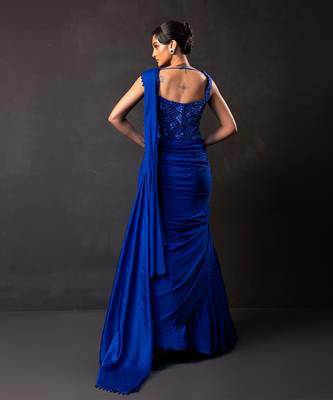 Deep sapphire blue embroidered georgette drape saree set 2