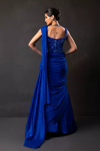 Deep sapphire blue embroidered georgette drape saree set