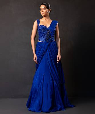 Deep sapphire blue embroidered georgette drape saree set 3