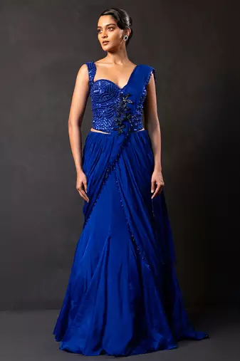 Deep sapphire blue embroidered georgette drape saree set