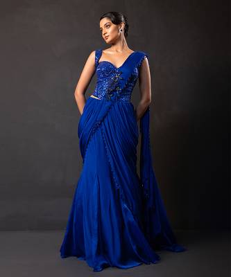 Deep sapphire blue embroidered georgette drape saree set 4