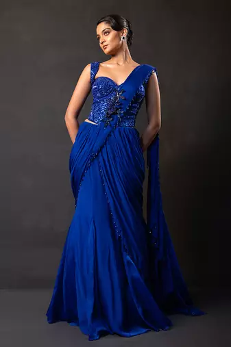 Deep sapphire blue embroidered georgette drape saree set