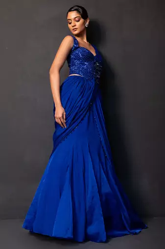 Deep sapphire blue embroidered georgette drape saree set