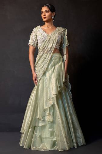Sage green tissue organza drape saree set