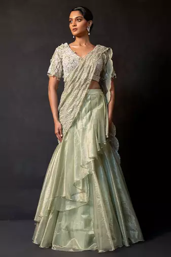 Sage green tissue organza drape saree set