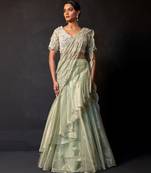 Sage green tissue organza drape saree set