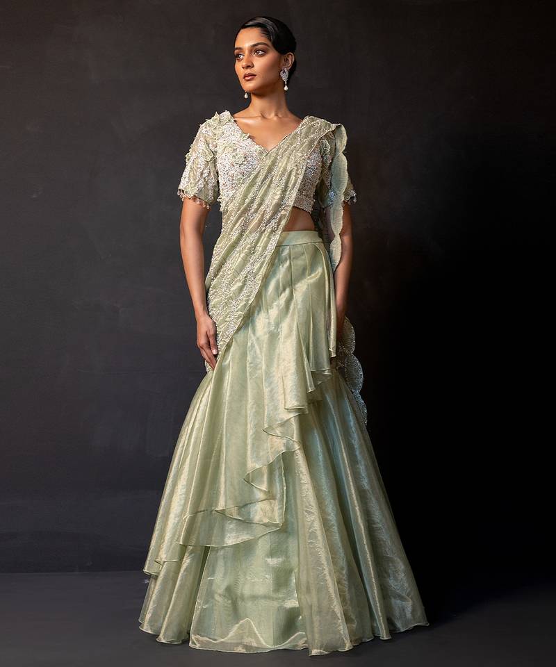 Sage green tissue organza drape saree set
