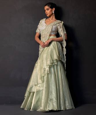 Sage green tissue organza drape saree set 2