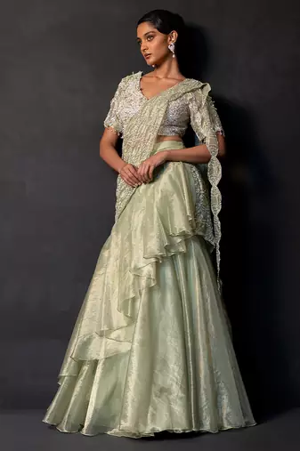 Sage green tissue organza drape saree set