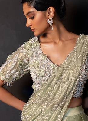 Sage green tissue organza drape saree set 3