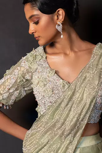 Sage green tissue organza drape saree set