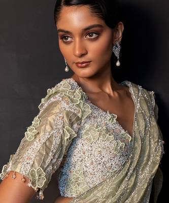 Sage green tissue organza drape saree set 4