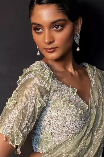 Sage green tissue organza drape saree set