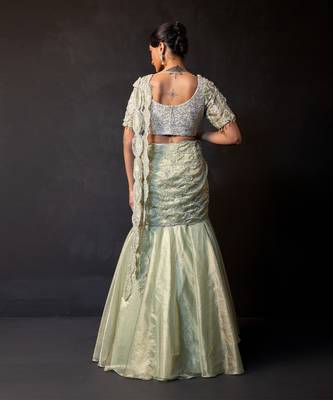 Sage green tissue organza drape saree set 5