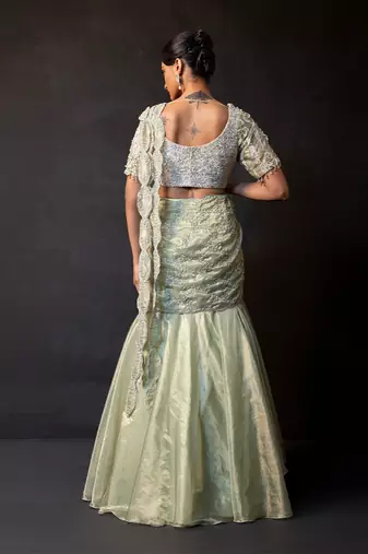 Sage green tissue organza drape saree set