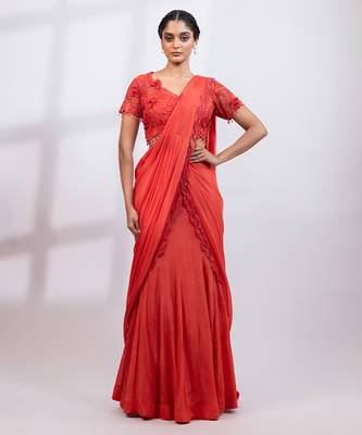 Rust red embroidered chinon drape saree set 1