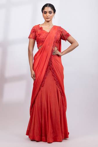 Rust red embroidered chinon drape saree set