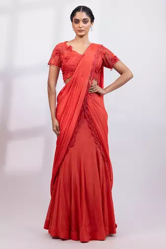 Rust red embroidered chinon drape saree set