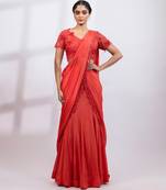 Rust red embroidered chinon drape saree set