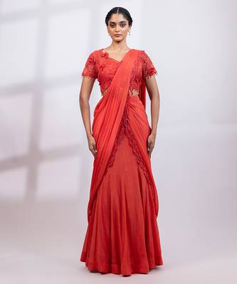 Rust red embroidered chinon drape saree set 2