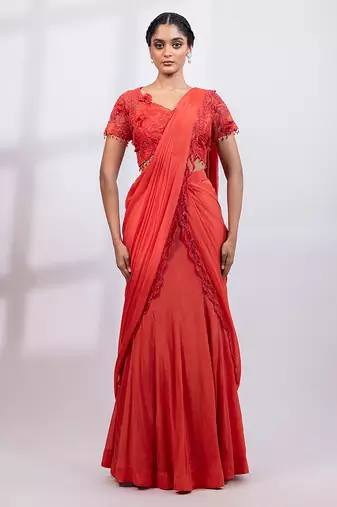 Rust red embroidered chinon drape saree set