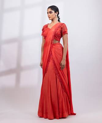 Rust red embroidered chinon drape saree set 3