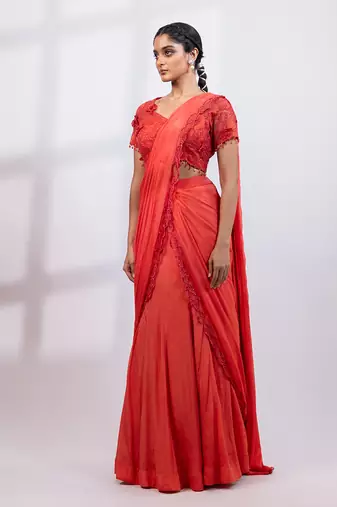Rust red embroidered chinon drape saree set