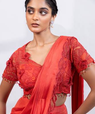 Rust red embroidered chinon drape saree set 4