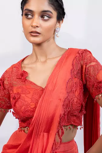 Rust red embroidered chinon drape saree set