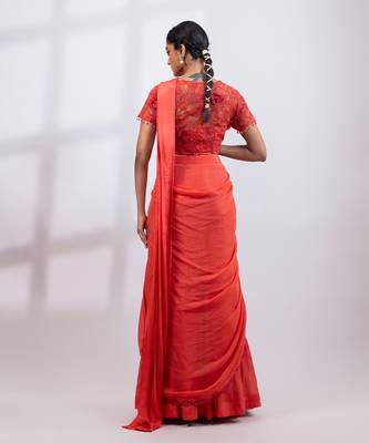 Rust red embroidered chinon drape saree set 5