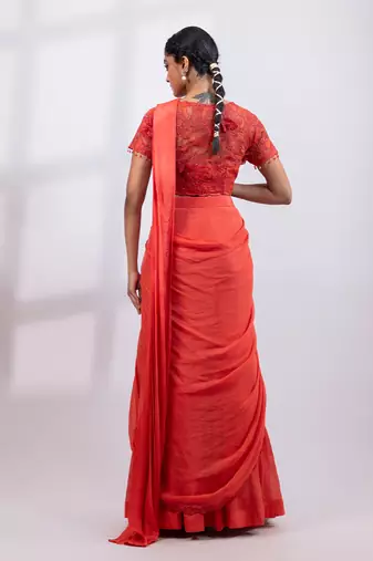 Rust red embroidered chinon drape saree set