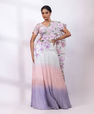 Pink muted lilac embroidered chinon drape saree set 1