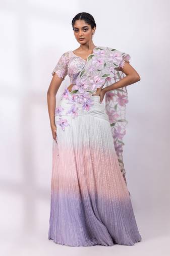 Pink muted lilac embroidered chinon drape saree set