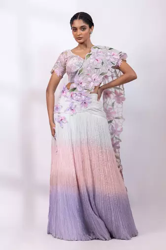 Pink muted lilac embroidered chinon drape saree set