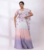 Pink muted lilac embroidered chinon drape saree set